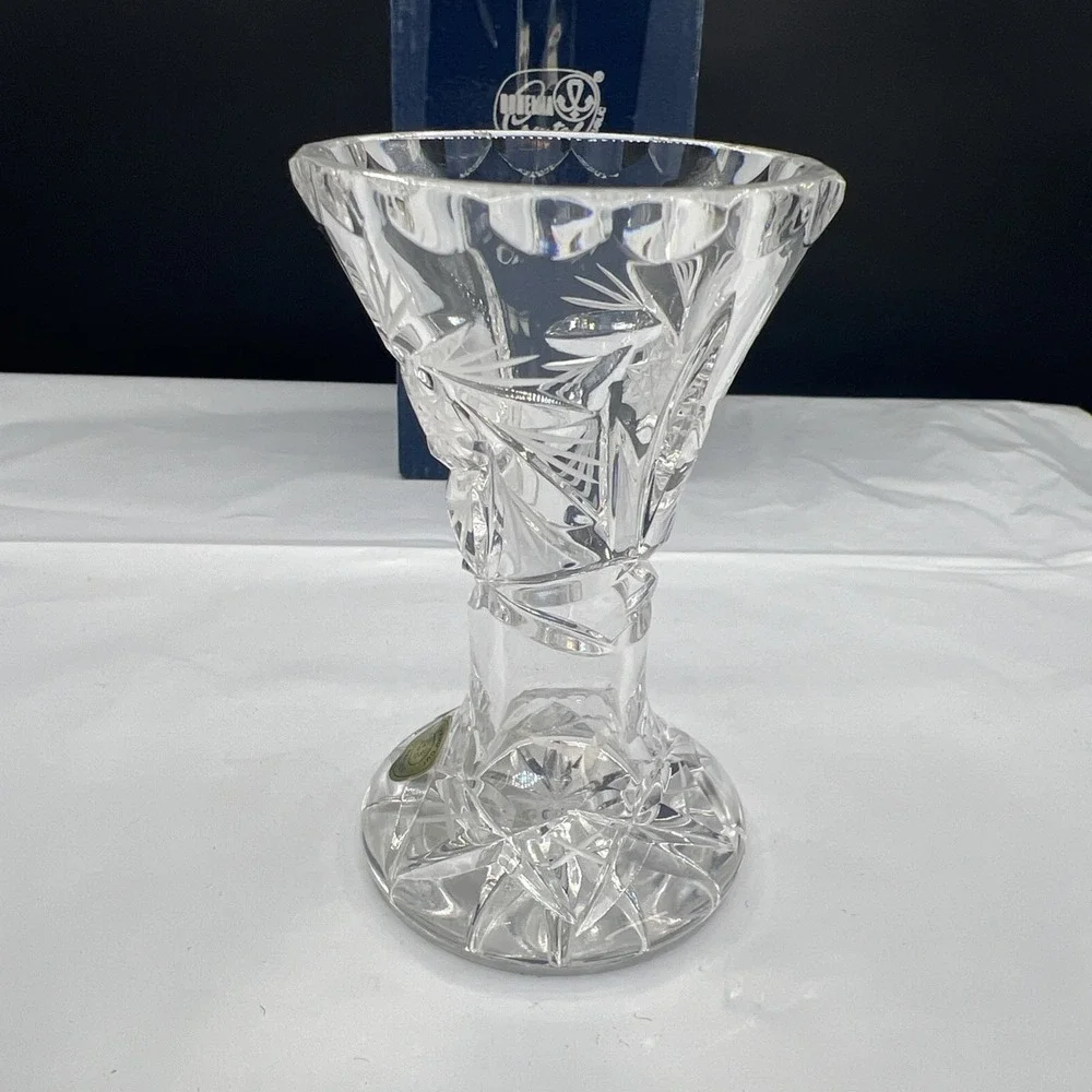 Vtg Bohemia Crystal Pedestal Vase 24% PbO Lead Crystal Hand Cut Czech Rep W/Box